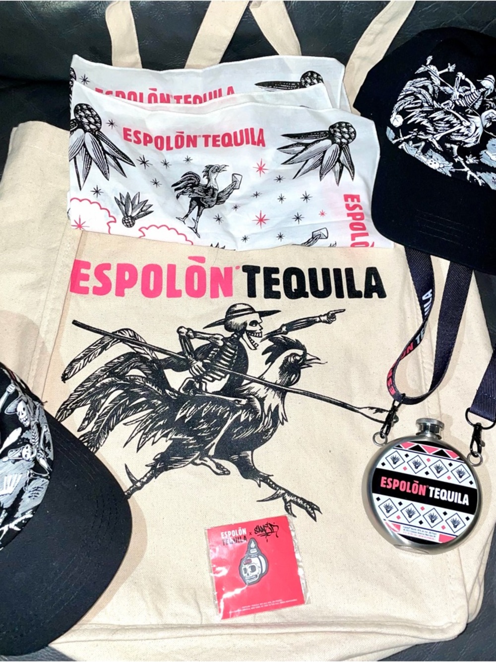 Espolón Tequila Day of the Dead Skeleton Hat Cap Tote Flask Pin Merch Set